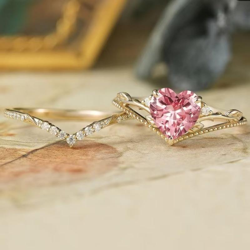 European and American New Fashion Crown Shape Pink Heart-shaped Zircon Inlaid Personalized Luxury Court Style Women's Ring