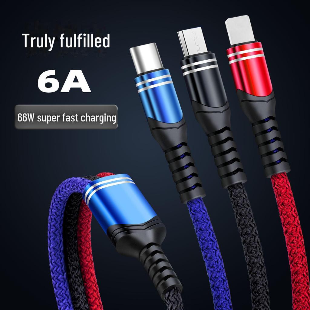 Neues geflochtenes 3-in-1-Datenkabel mit 6 A für superschnelles Laden für Android-, Typ-C- und Apple-Geräte