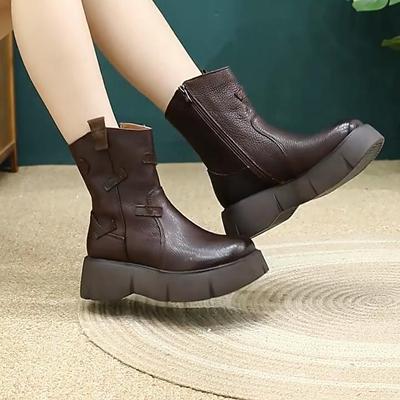 Stiefel aus echtem Leder mit dicker Sohle im britischen Stil, mittelhohe Stiefel, vielseitige flache Plateauschuhe für Damen