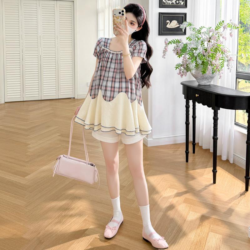 2026 Maternity Retro Plaid Patchwork Square Neck Top XL