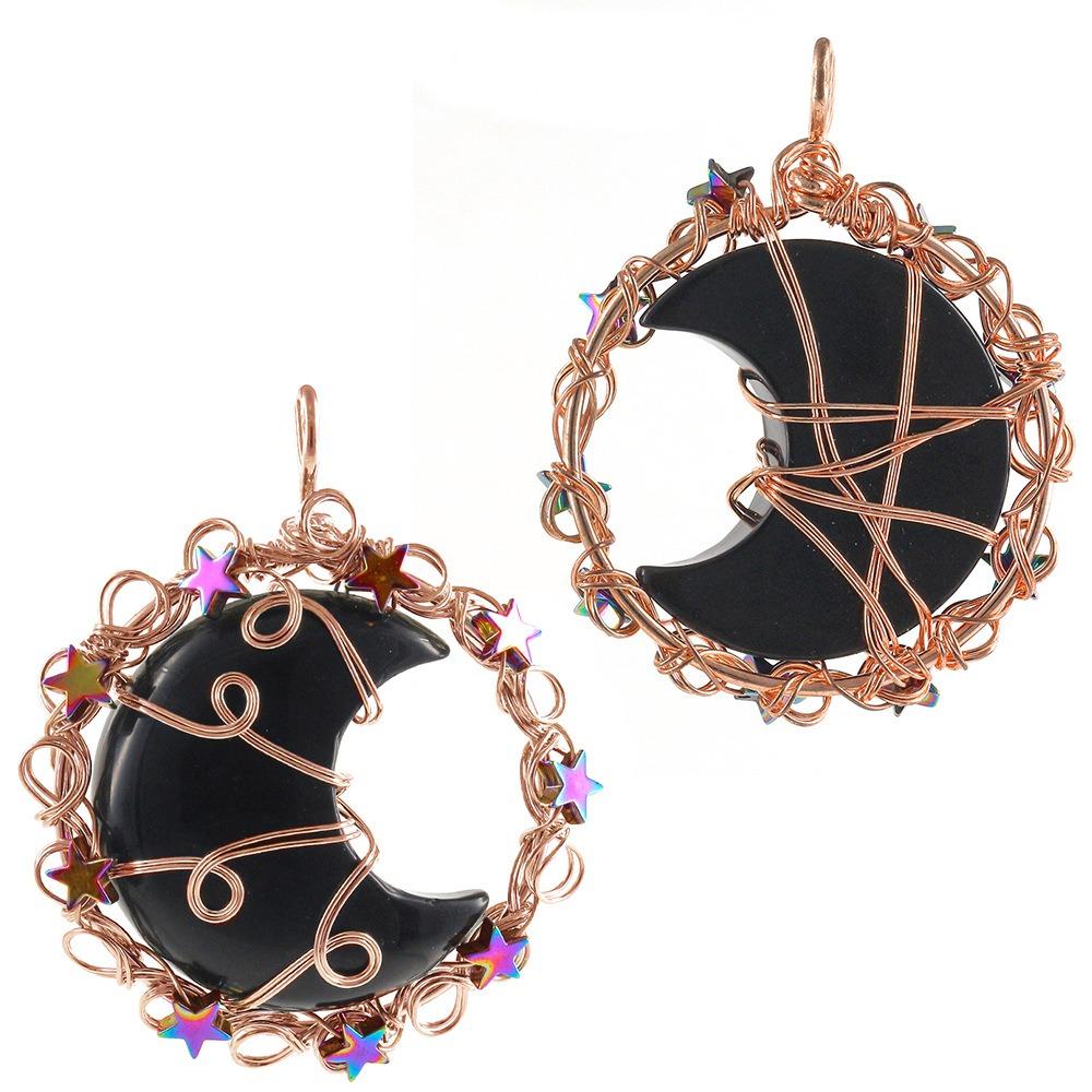Natural Crystal Moon Pendant, Handmade Copper Wire Wrapped Gemstone Jewelry