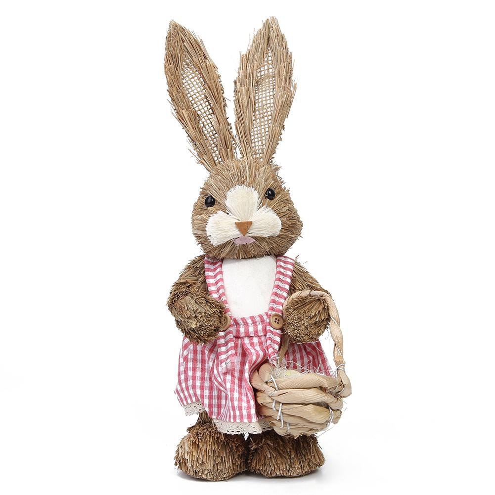 Cute Easter Simulation Straw Bunny Handmade Straw Easter Rabbit Statue Desktop Ornaments Home Decorative Bunny Figurine Kid Gift