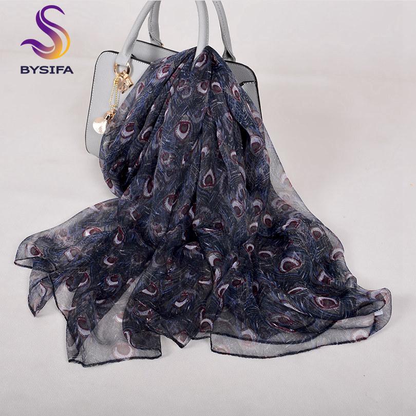 [BYSIFA]  Silk Scarf Hijabs Women Fashion Brand Summer Beach Cover-ups Ladies Navy Blue Neck Scarves 100% Silk Long Scarves