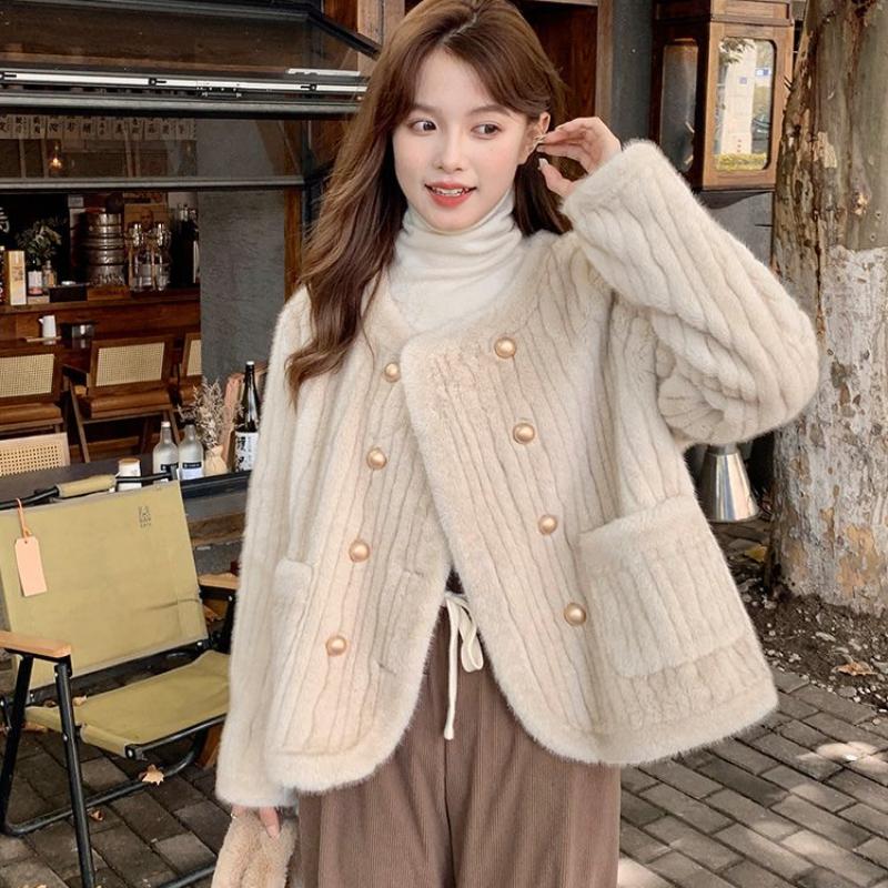 Women's Winter Faux Mink Fur Coat Cotton Padded Thickened Korean Style Double Breasted Overcoat