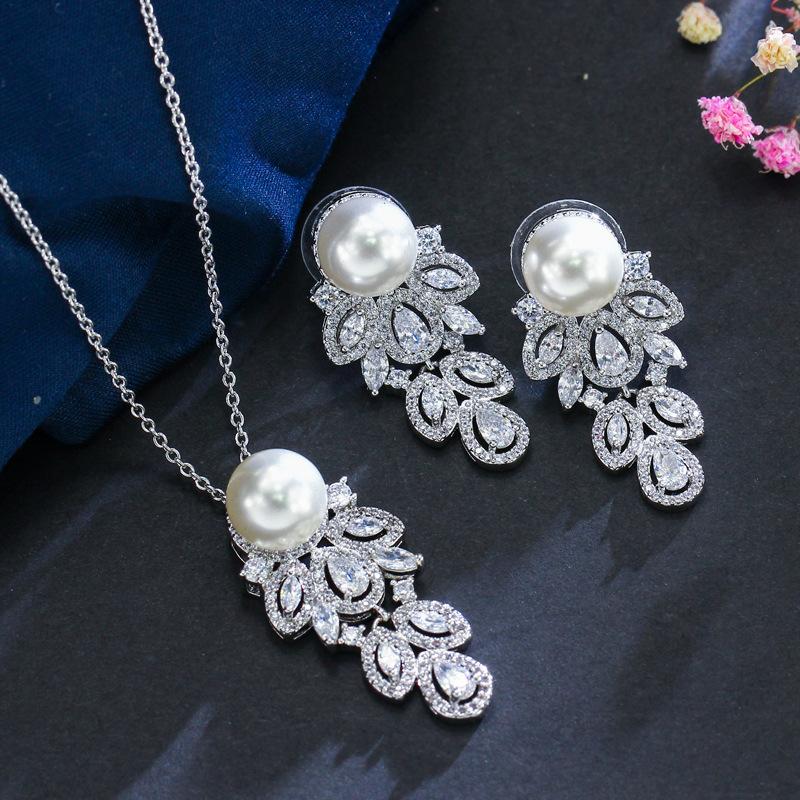 Bridal Simple Zircon Pearl Set Chain, Pure Needle Shell Pearl Necklace Earring Set