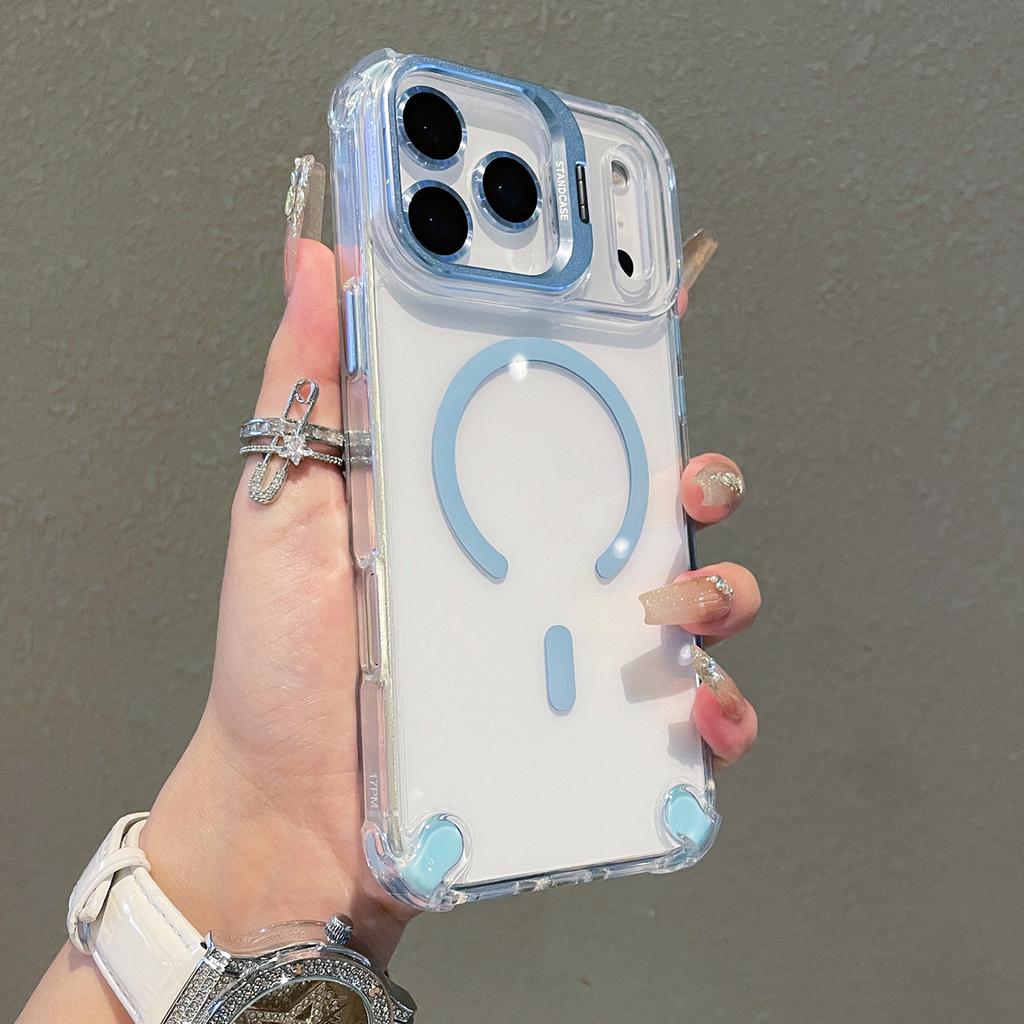 For iPhone 17 Pro Magnetic Case TPU PC Clear Kickstand Phone Cover with Tempered Glass Lens Films