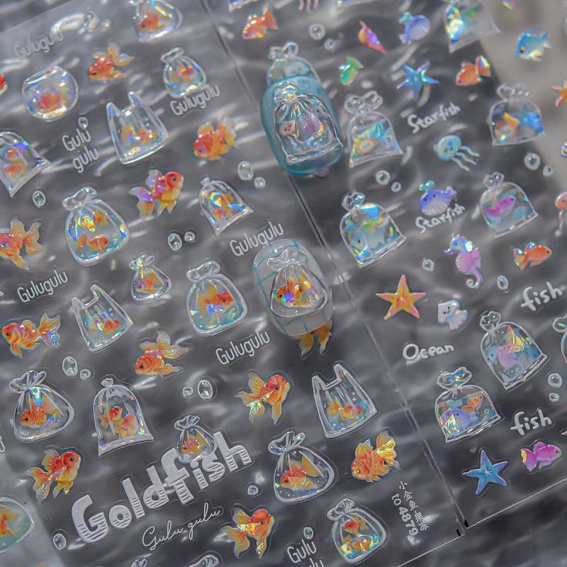 Shiny Goldfish Plastic Bag Seahorses Summer Jellyfish Starfish Shell Conch Koi Water Bubble Star Carp Nail Art Stickers Decals