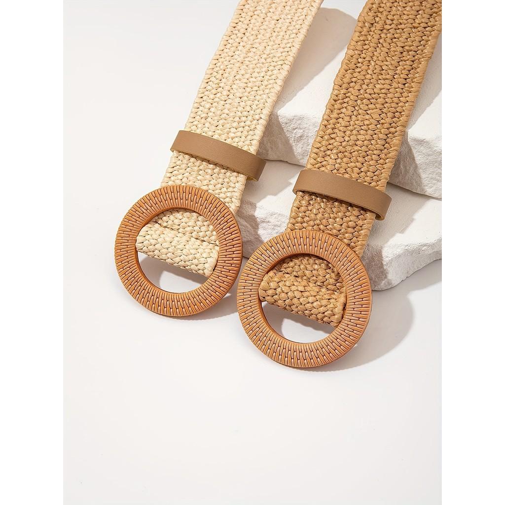 2pcs Boho Brown Straw Belts Classic Round Buckle Wide Belts Elegant Summer Beach Waistbands For Women Daily Use