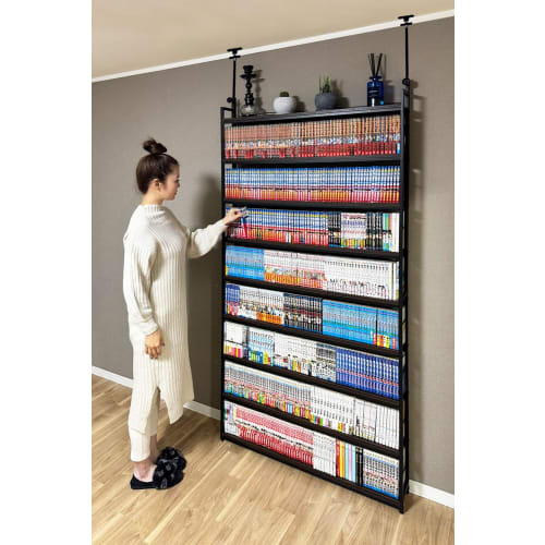 8tail Bookshelf, Tension Rack, Large Capacity, Slim, 180kg Load Capacity, 101cm Wide X 14.5cm Deep X 211-270cm High, Wall-Mounted Storage (Black X Bro