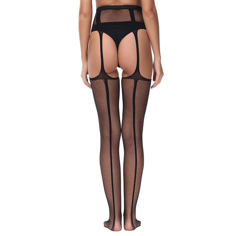 2 Pairs European and American Popular Open Crotch Lace Transparent Suspender Black Silk Sexy Fishing Net Stockings Anti Slip Garter Belt for Women