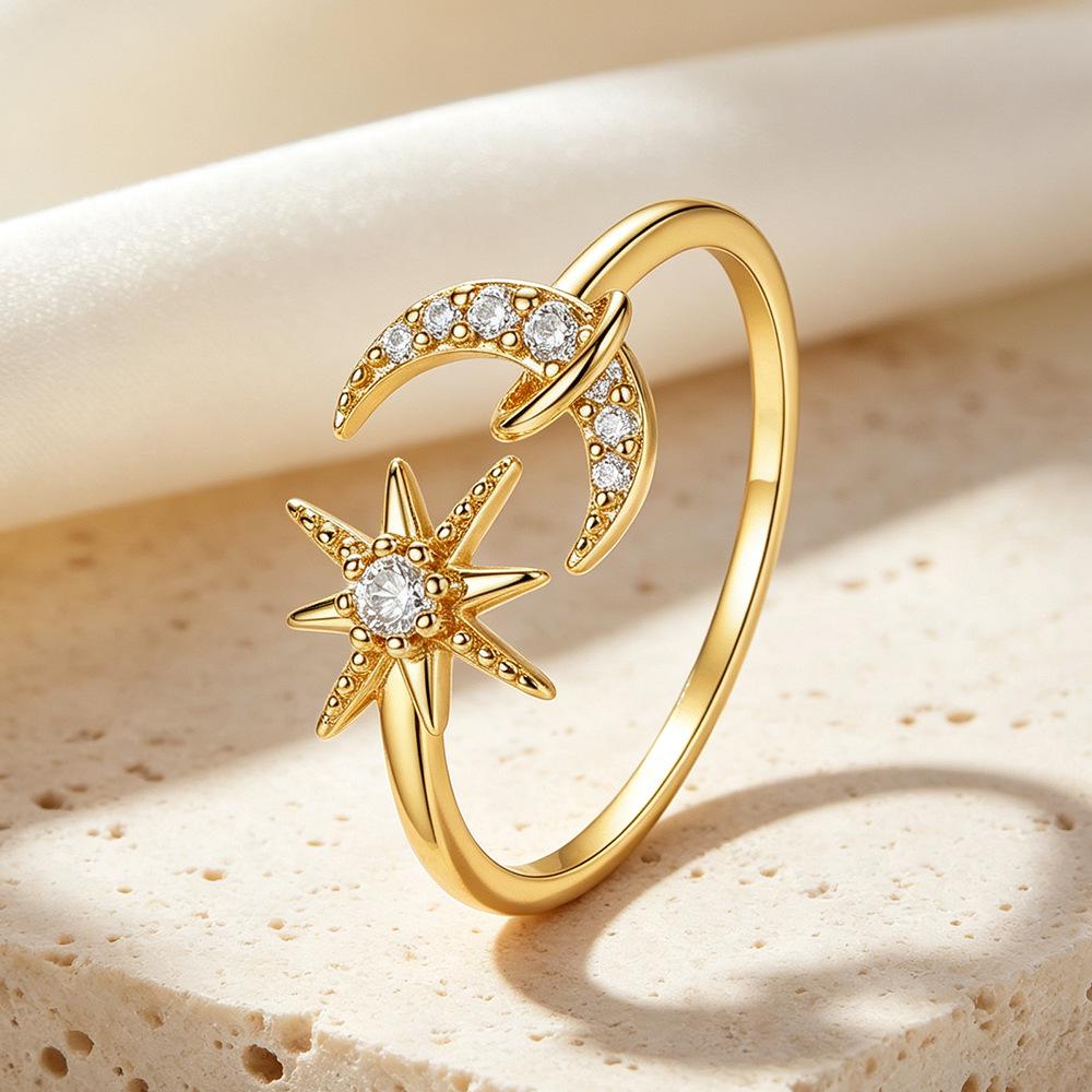 Luxury Star & Moon Open Sterling Silver Ring - Versatile High-End Fashion