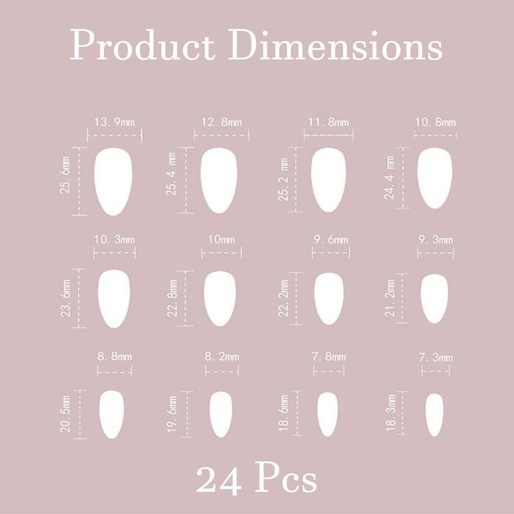 Glue On Nails Short Almond, Chrome Press On Nails, 24 Pieces Artificial Nail Set with 12 Sizes, Quick Application for Parties and Daily Fashion
