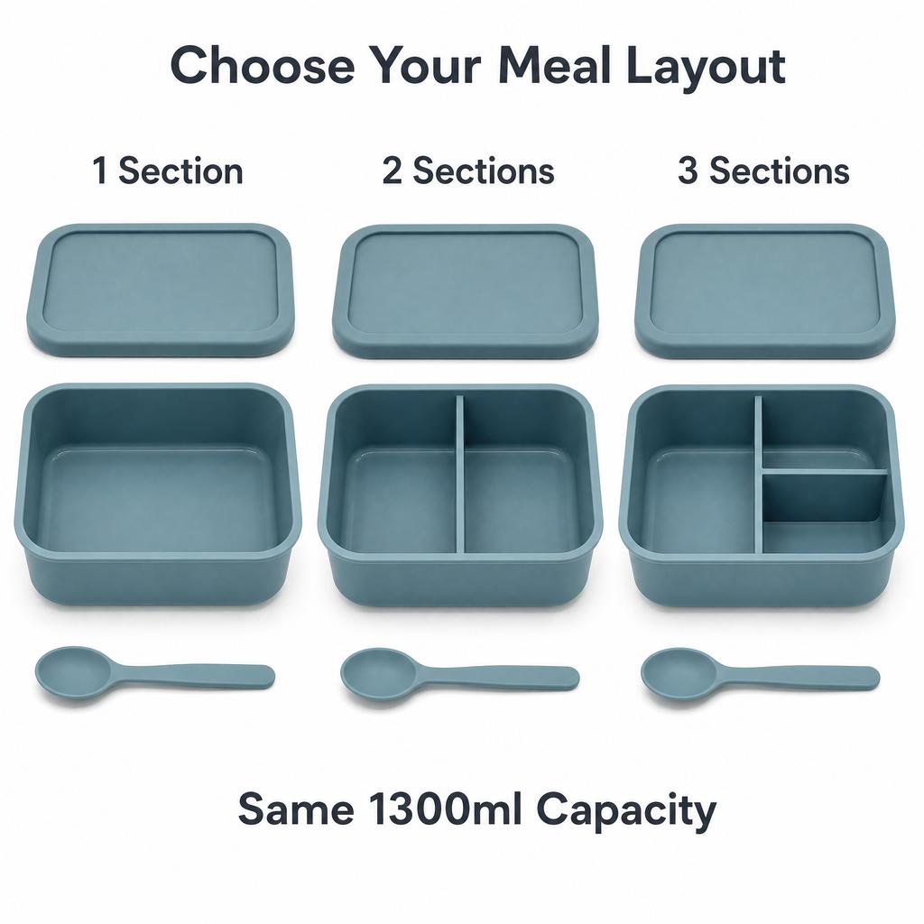 1300ml Large Silicone Meal Prep Box with Spoon 1/2/3 Compartment Portable Office Lunch Family Picnic Microwave Dishwasher Safe