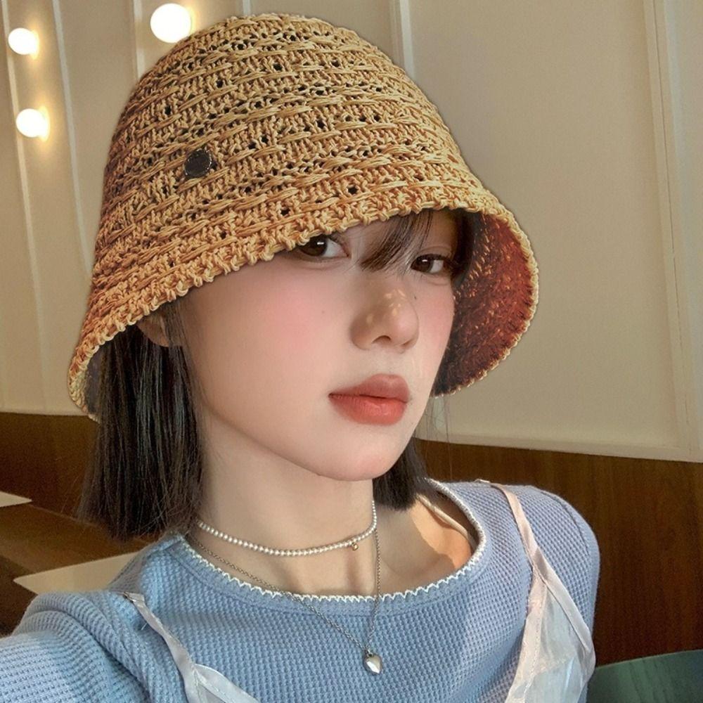 Summer Straw Bucket Hat Hollow Beach Visor Cap Fashion Straw Sun Hat  Travel