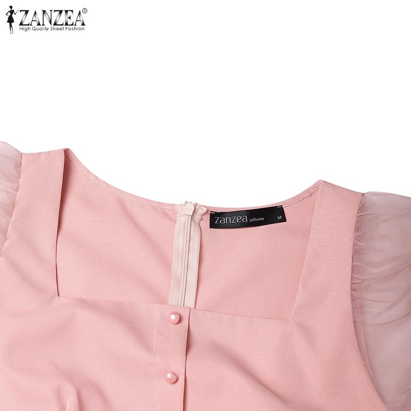 ZANZEA Women Casual Mesh Splice Short Sleeve Square Neck Summer Dress