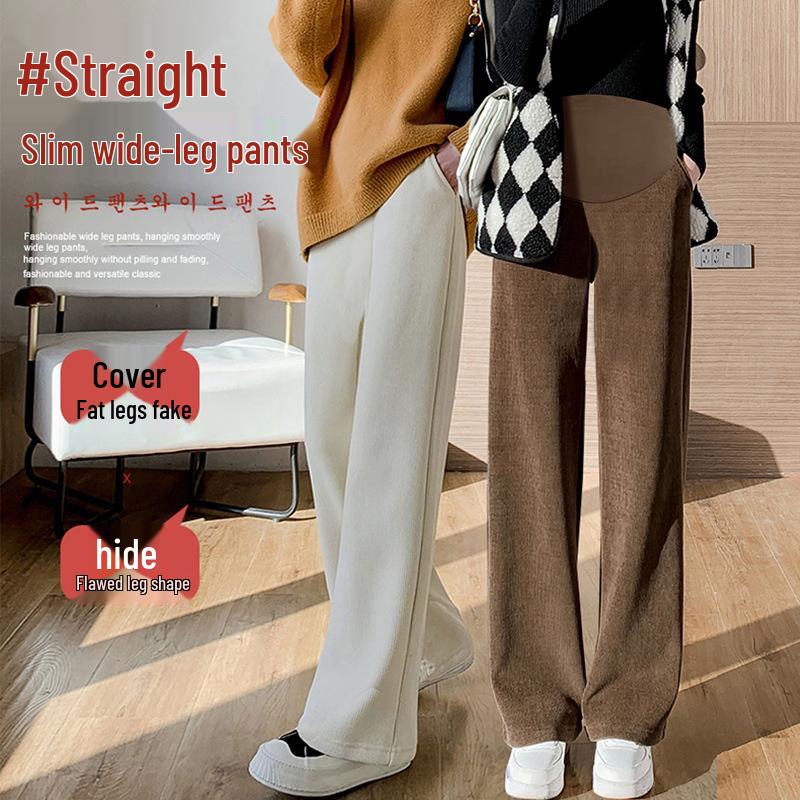 Maternity High-Waisted Pinstripe Wide-Leg Pants - Spring/Autumn Drapey Abdominal Support Trousers
