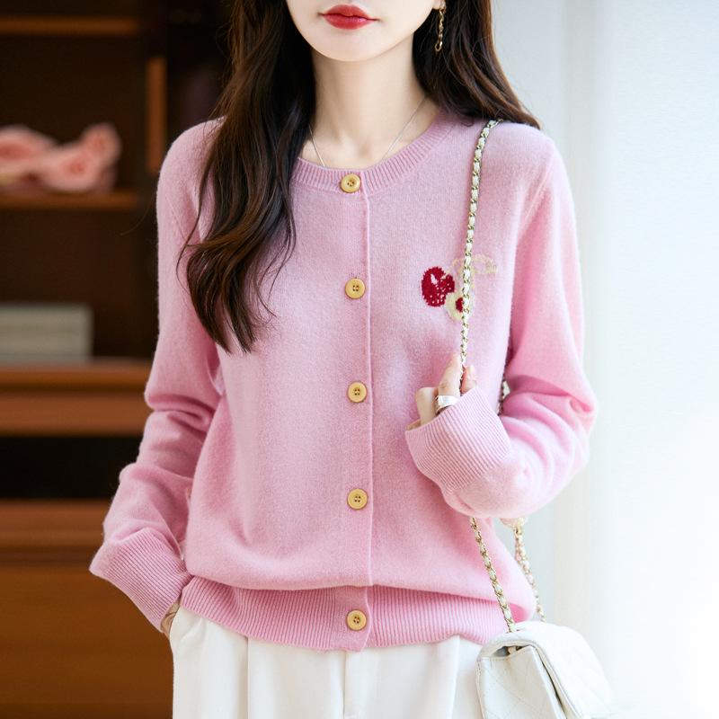Women's Autumn Embroidered Round Neck Single-Breasted Wool Knit Cardigan