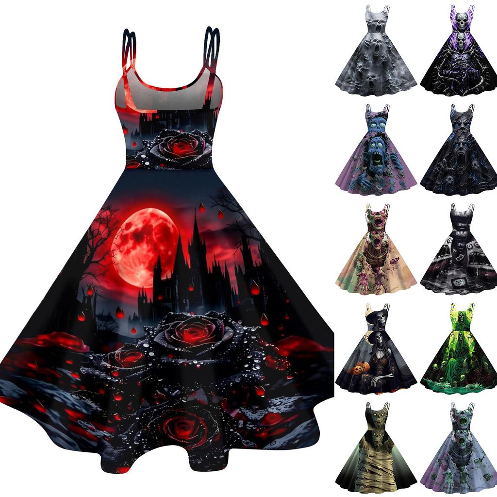 Women's Halloween Printed Off-Shoulder Spaghetti Strap Dress for Party and Costume