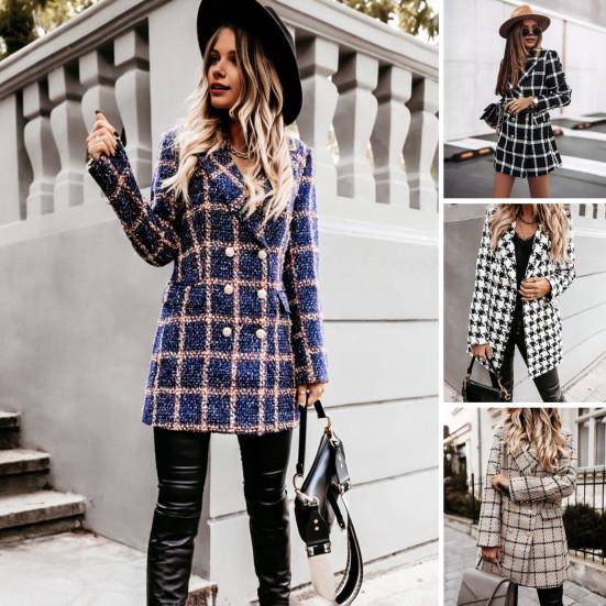 Winter Autumn Lady Coat Turn-down Collar Plaid Print Double-breasted Long Sleeves Thick Mid