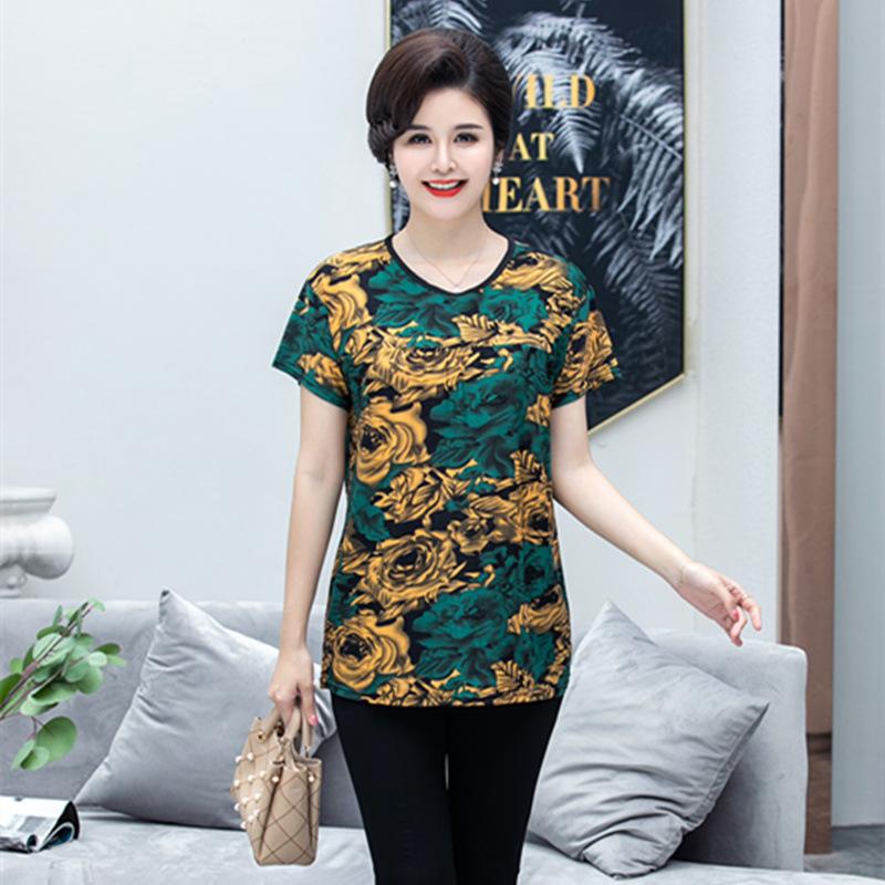 Summer Short-sleeved Ice Silk T-shirt Women's Round Neck Large Size Loose Elastic Multicolor Tops Female Casual Print Blouse