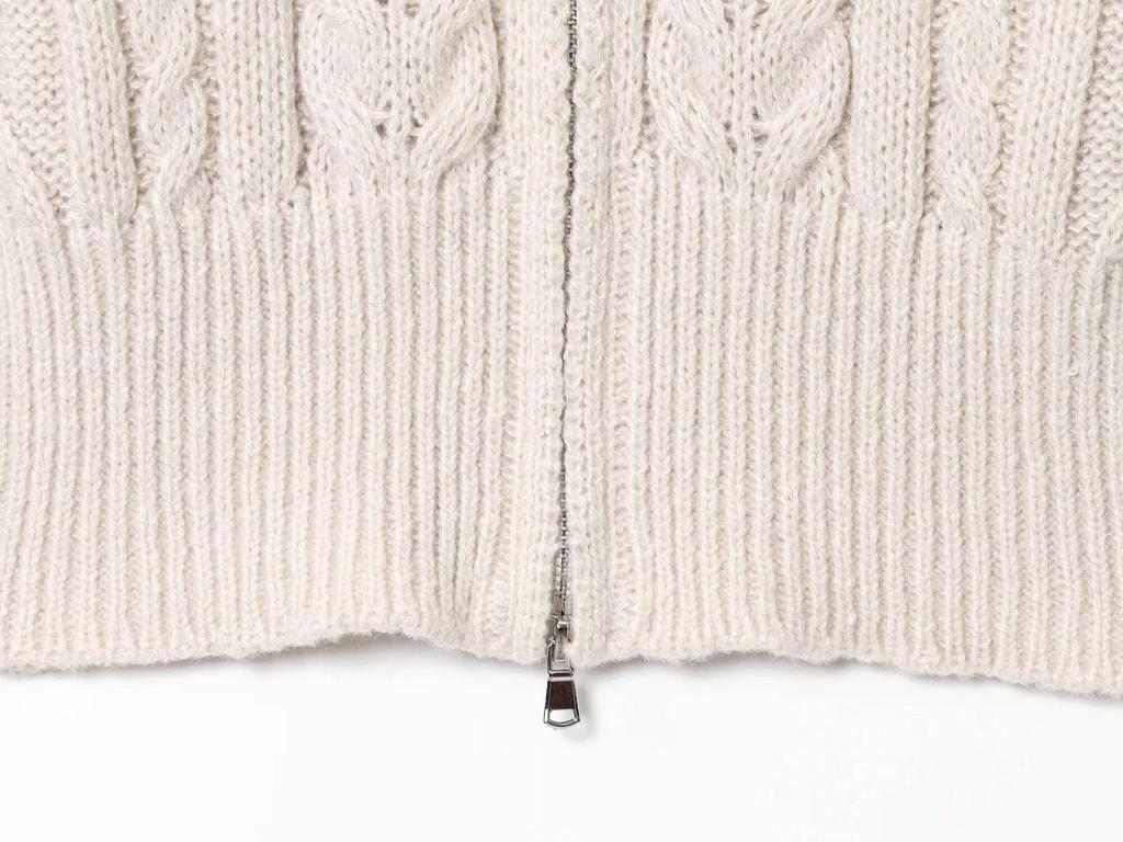2025 Trendy European & American Zippered Stand Collar Cable Knit Cardigan