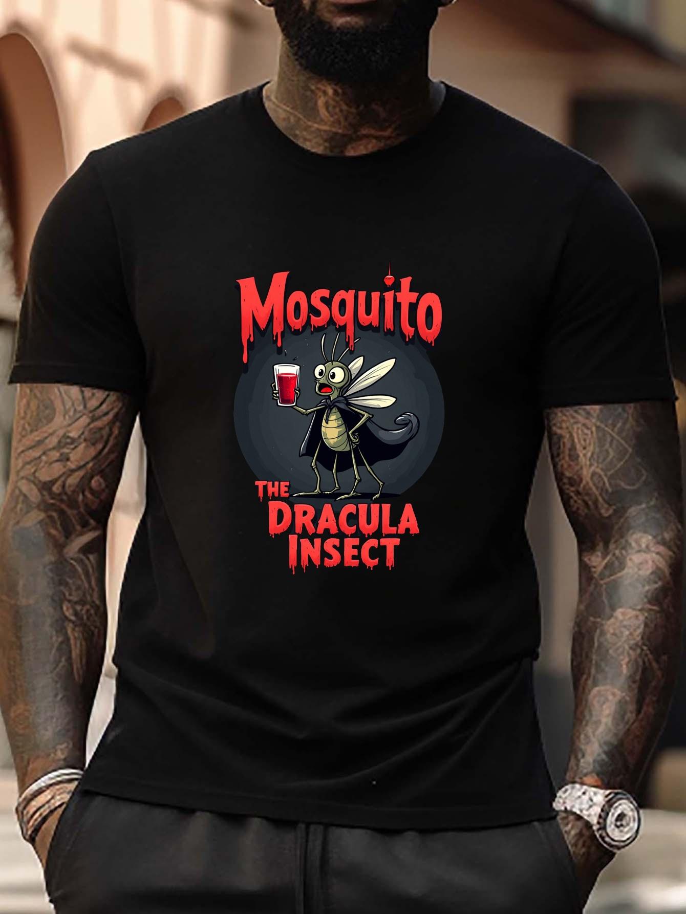 

Mosquito The Dracula Insect Graphic T-shirt - Plus Size Black Casual Short Sleeve Tee with Bold Red Text XXL