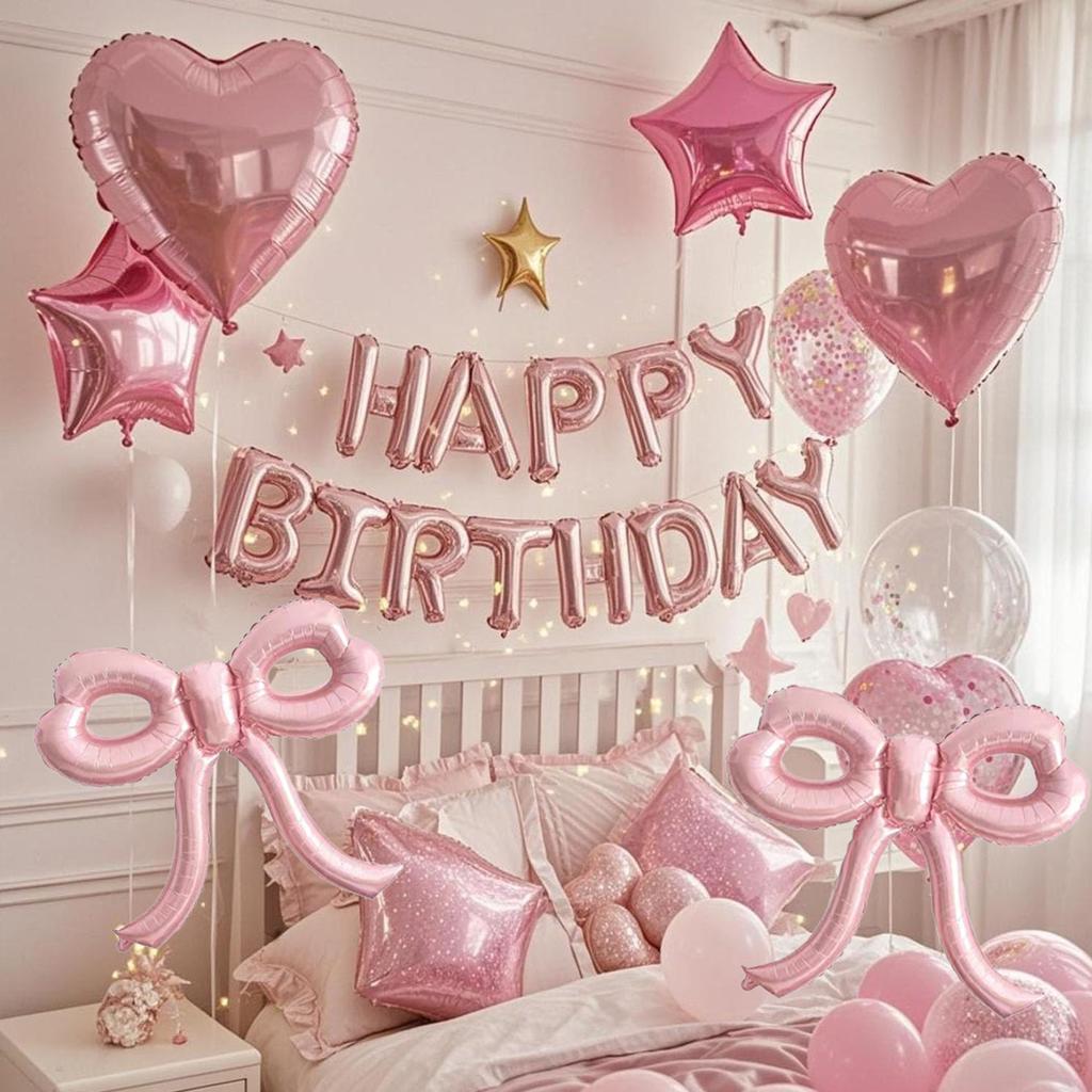 Pink Balloon Set with Bow, Birthday Letters, Colorful Confetti Balloons for Princess Tea Party, Birthday Proposal