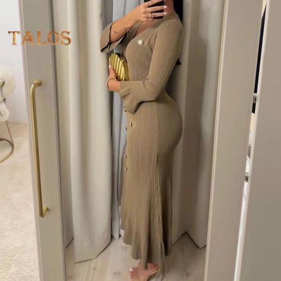 Spring Fall Women Dress Button Decor V Neck Knitted Long Sleeves Slim Fit Patchwork Fishtail Hem Solid Color Stretchy Maxi Dress
