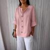 T-shirt da donna estiva nuova, larga, in cotone e lino, con scollo a V, bottoni, casual