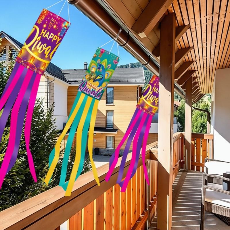 Front Door Diwali Windsock Decoration Hanging Festival Decors with Polyester Fabric and Ribbon Tails for Patio Space