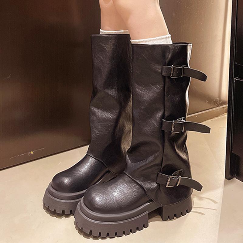2026 Designer Women's High Boots Flats Platform Fashion Dress Shoes Designer Winter Botas Casual Goth Motorcycle Boots De Mujer