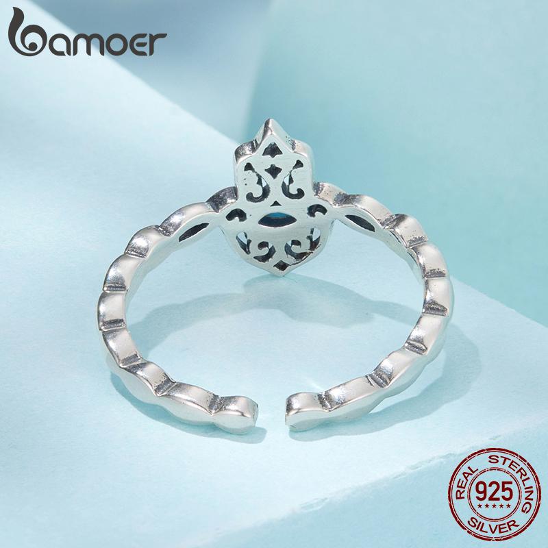 Bamoer 925 Silver Twisted Hamsa Hand Ring Retro Turquoise Adjustable Open Ring for Women Family Guarding Party Gift