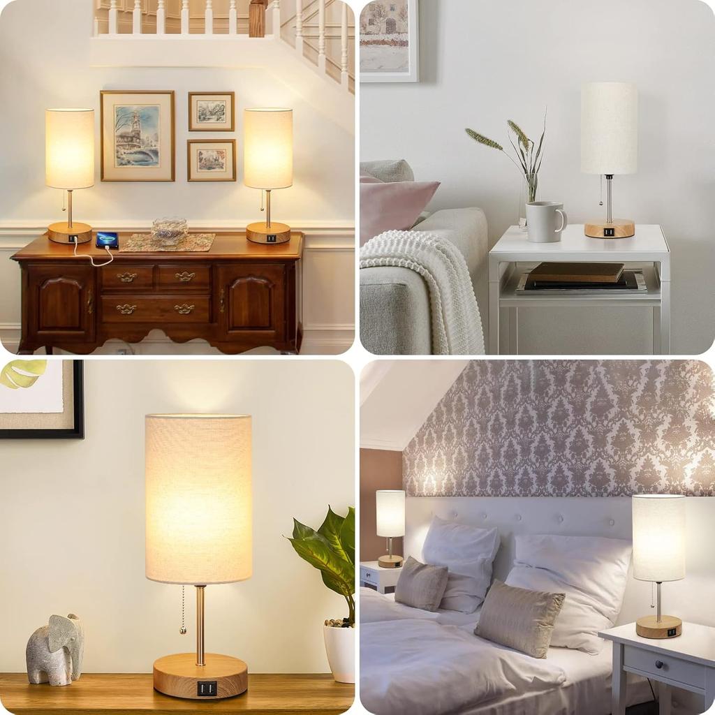 Lakumu Set of 2 Table Lamps with 2 USB Ports, Modern Bedside, Desk Lamps with Pull Chain, Nightstand Lamps with Cream Fabric Shade and Oak Metal Base