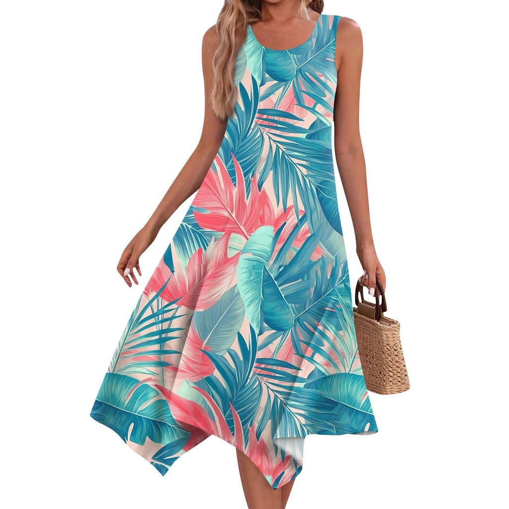 Women's Casual Fashion Round Neck Sleeveless Print Irregular Hem Midi Dress Hem Midi Dress