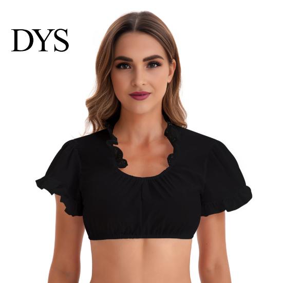 Short Sleeve Blouse Women Traditional German Dirndl Blouse, Lace Cropped Summer Casual Tee Shirt, Bavarian Oktoberfest Folk Costume Crop Top