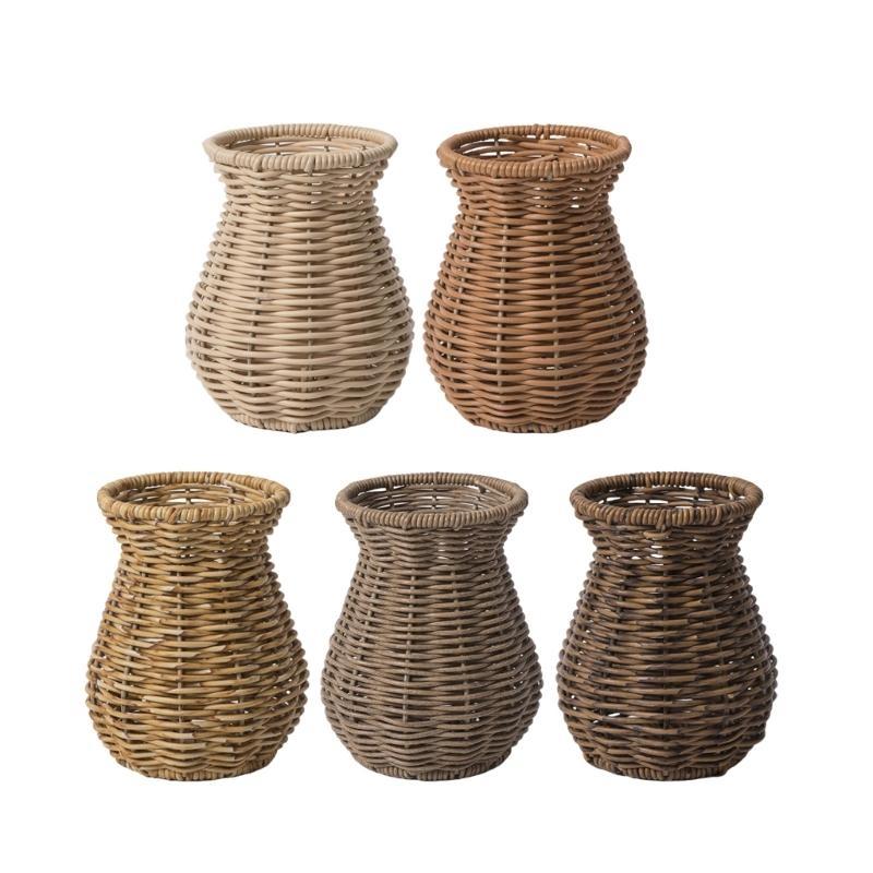 J0MC Table Vase Rattan Vase for Living Room, Faux Rattan Weave Pattern Flower Arrangement for Dry Florals Home Accent
