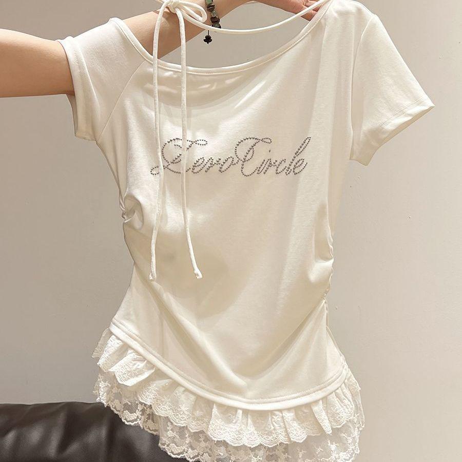 2026 Summer Sweet & Spicy Rhinestone Halter Neck Lace Top for Petite