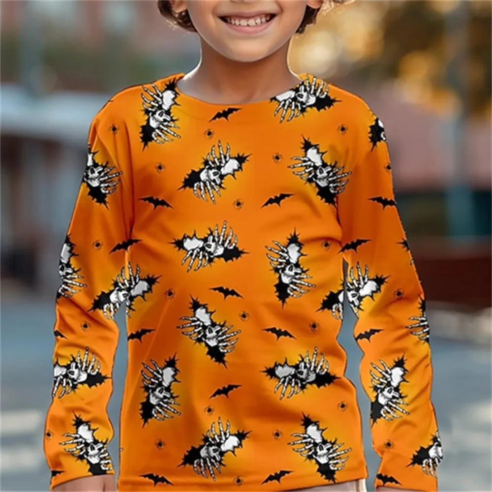 Spring and Autumn Round Neck 3D Halloween Printed Top Fashionable Casual Long Sleeved Children's Boy T-shirts