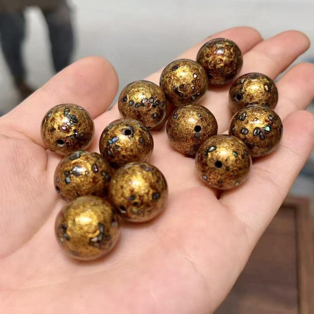 Genuine Flawless Intangible Cultural Heritage Golden Yellow Mother-of-Pearl Inlaid Lacquer Buddhist Bracelet Beads.