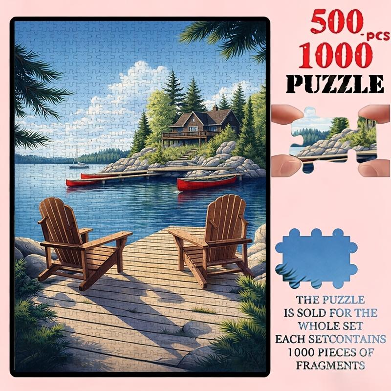 500/1000pcs Puzzle Suitable for & Families - Lakeside Boat Forest Scenery with Suitable for, Gift Wrapping, Journal Decoration - Portable Rectangular