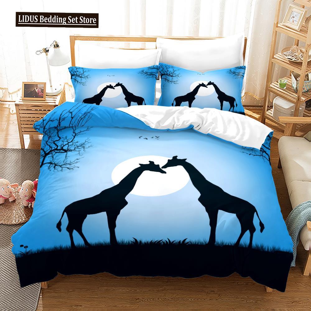 Deer Duvet Cover Set King Polyester Bedding Set For Kid Children Gift Bedding Set 3D Animal Giraffe Purple Theme Comforter Cover