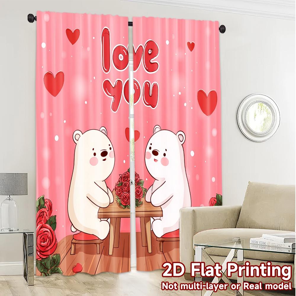 2D Flat Printing  JIT 2pcs   Curtains (Without Rod) Bear Romance Chic Curtains Versatile Polyester Fabric Curtains Thermal