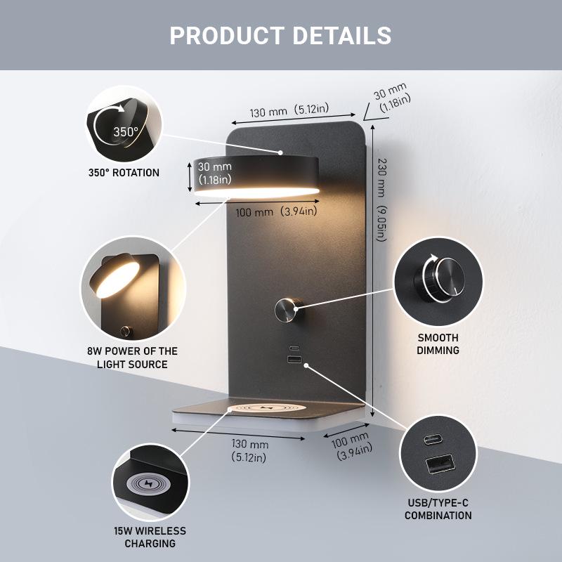 LED Wall Lamp with Wireless and USB Dual Charging Ports for Bedroom and Hotel Reading