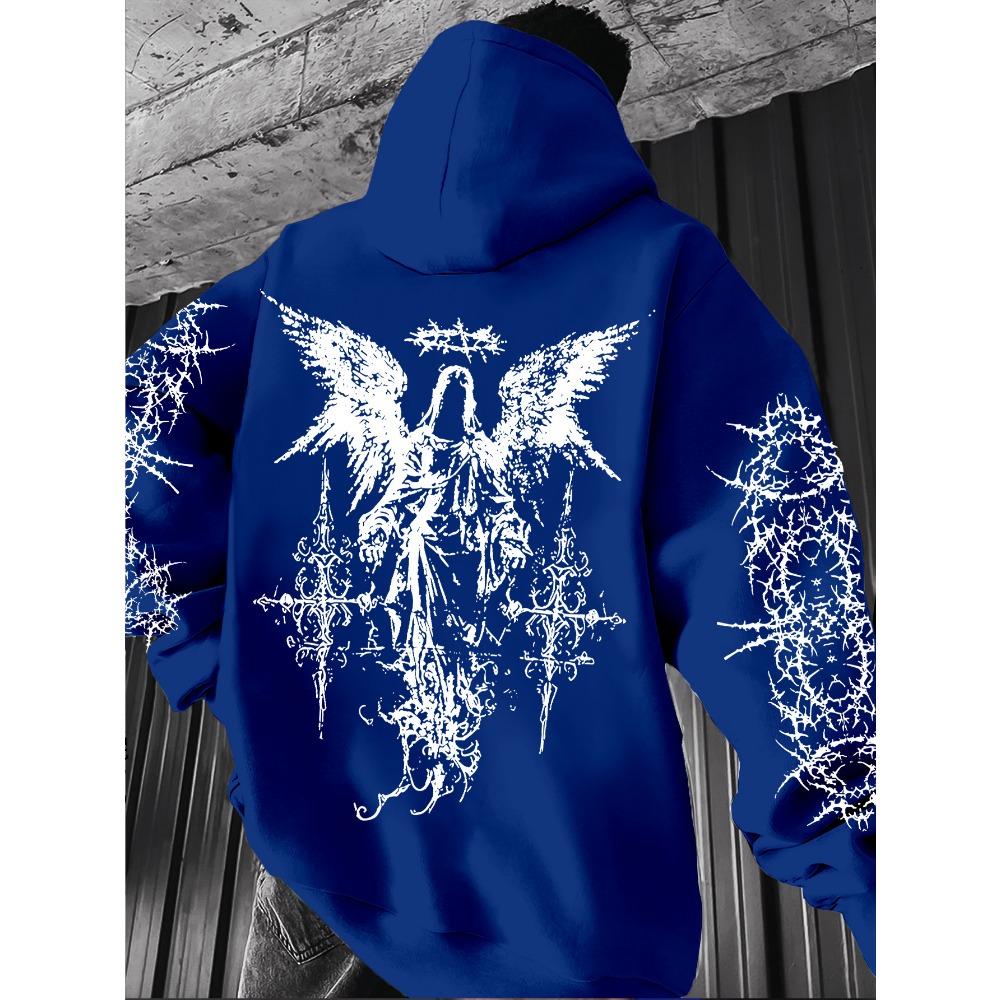 Men's Angel Element Graffiti Thorn Print Fashionable Street Wear Hip-hop Punk Style Hoodie, Regular Fit, Casual Long Sleeved Pullover