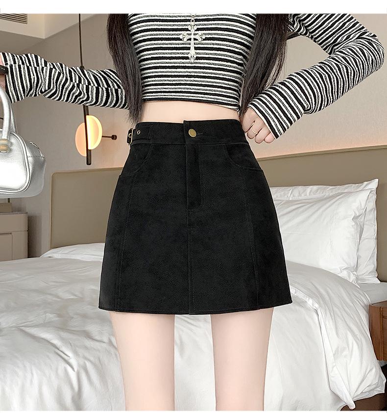 Coffee Suede A-Line High Waist Thickened Short Skirt - Plus Size Women's Hip-Hugging Slim Fit for Spring and Autumn