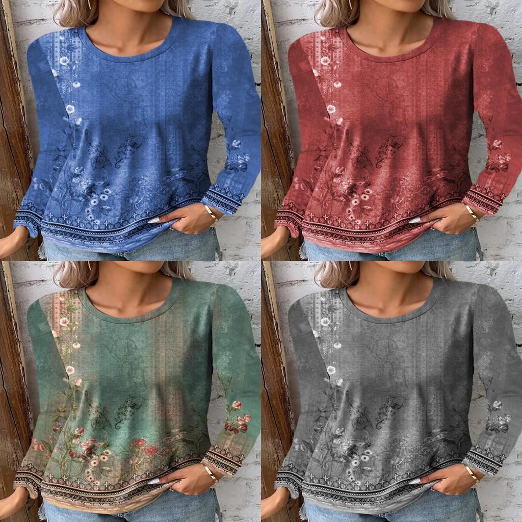 Landscape Print Long Sleeve T Shirt For Women With Polyester Fabric And Casual Style