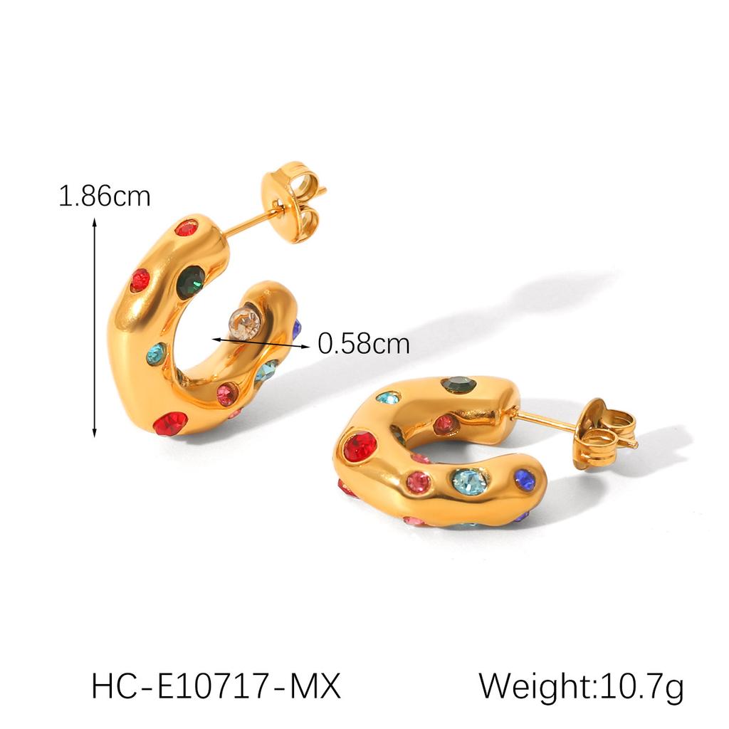 Unusual Shape 18K Gold Stainless Steel Studs with Zircon C-shaped Earrings for Women, High-end Titanium Steel Ear Jewelry