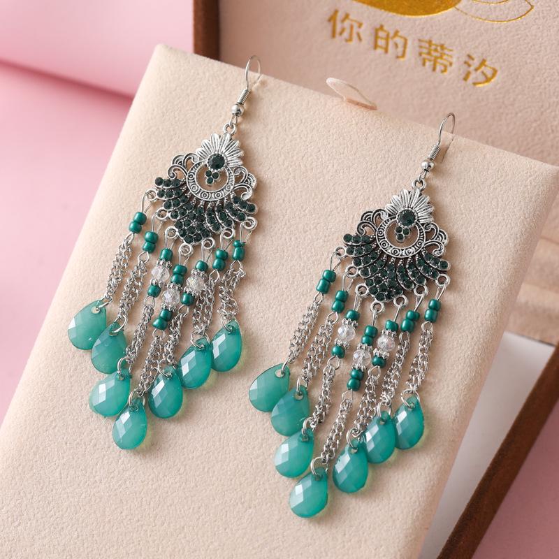 Bohemian Water Drop Rhinestone Earrings with Multi-Layer Beads - Retro Fan-Shaped Dangle Design
