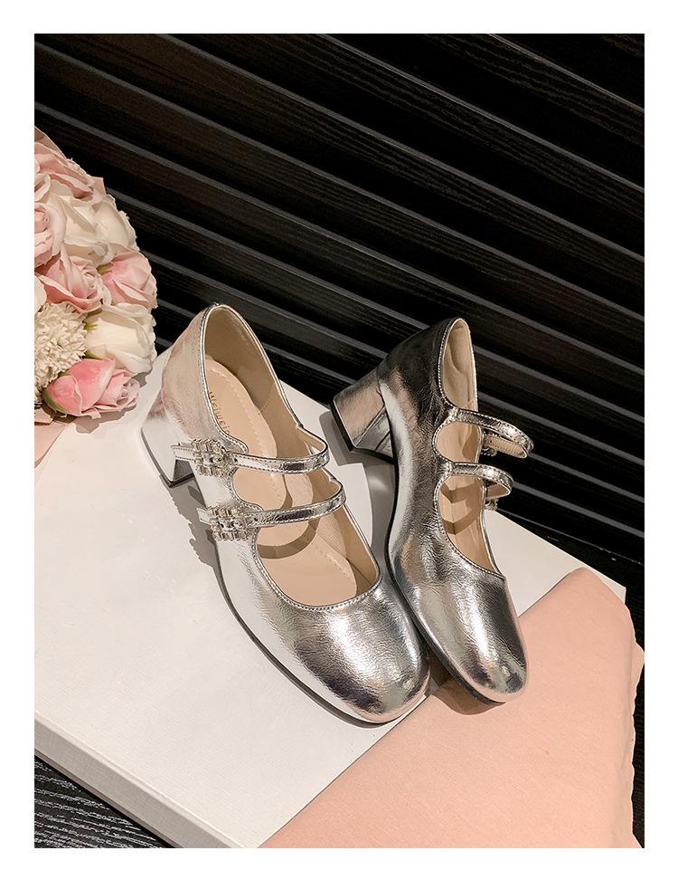 2024 new square head rhinestone buckle with thick heel Mary Jane patent leather single shoes women's wedding shoes with shallow mouth
