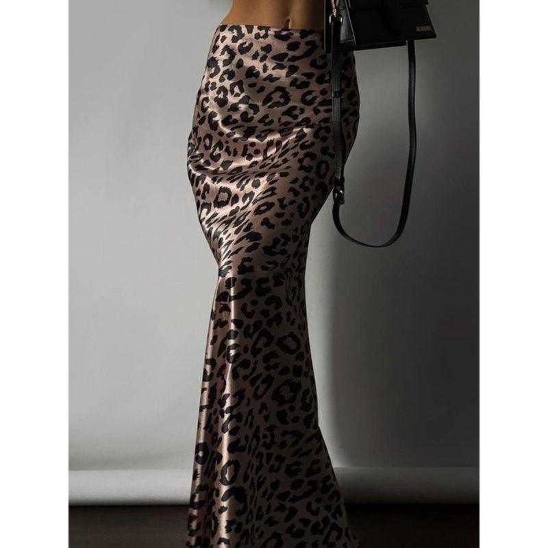European and American Women Clothes Satin Drape Half-Length Long Dress Leopard Print Fishtail Skirt Floor-Length Dress Leopard Print Skirt